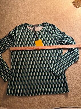Diane Von Furstenberg Teal, Black & White Geometric Long Sleeve Top